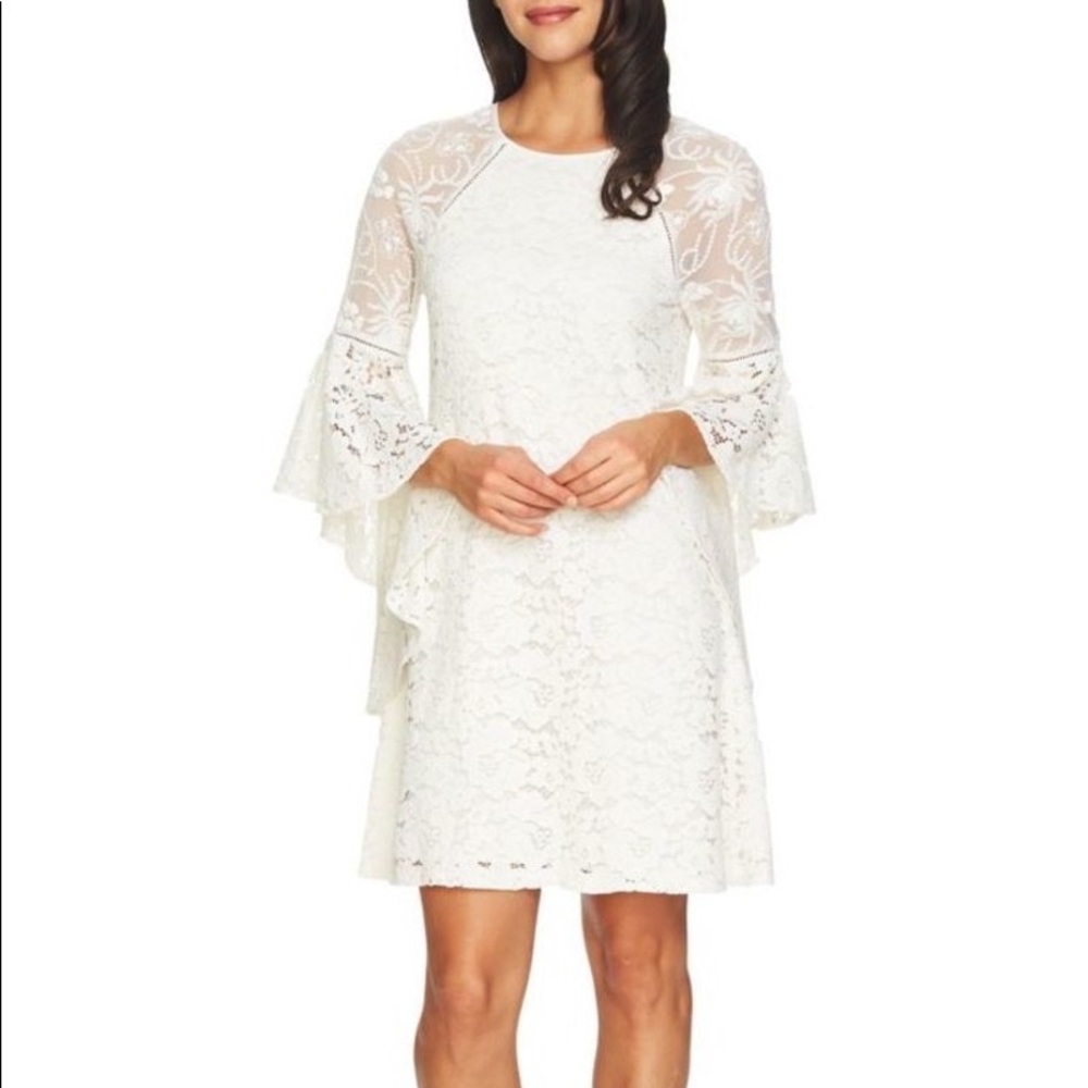 Cynthia Steffe white bell sleeve lace mini dress
